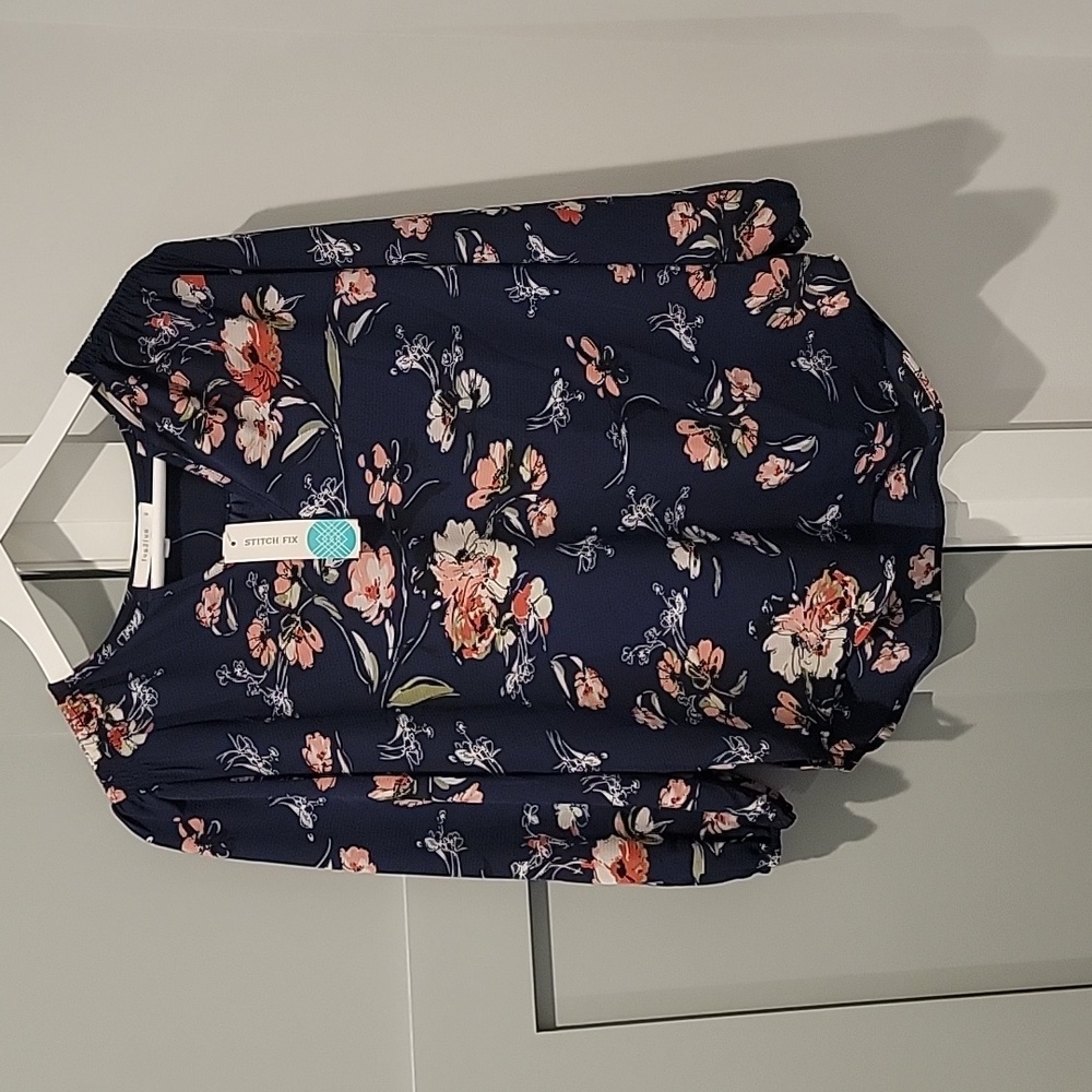 NWT Fun2Fun Size S Navy Kenmore Split Neck Blouse